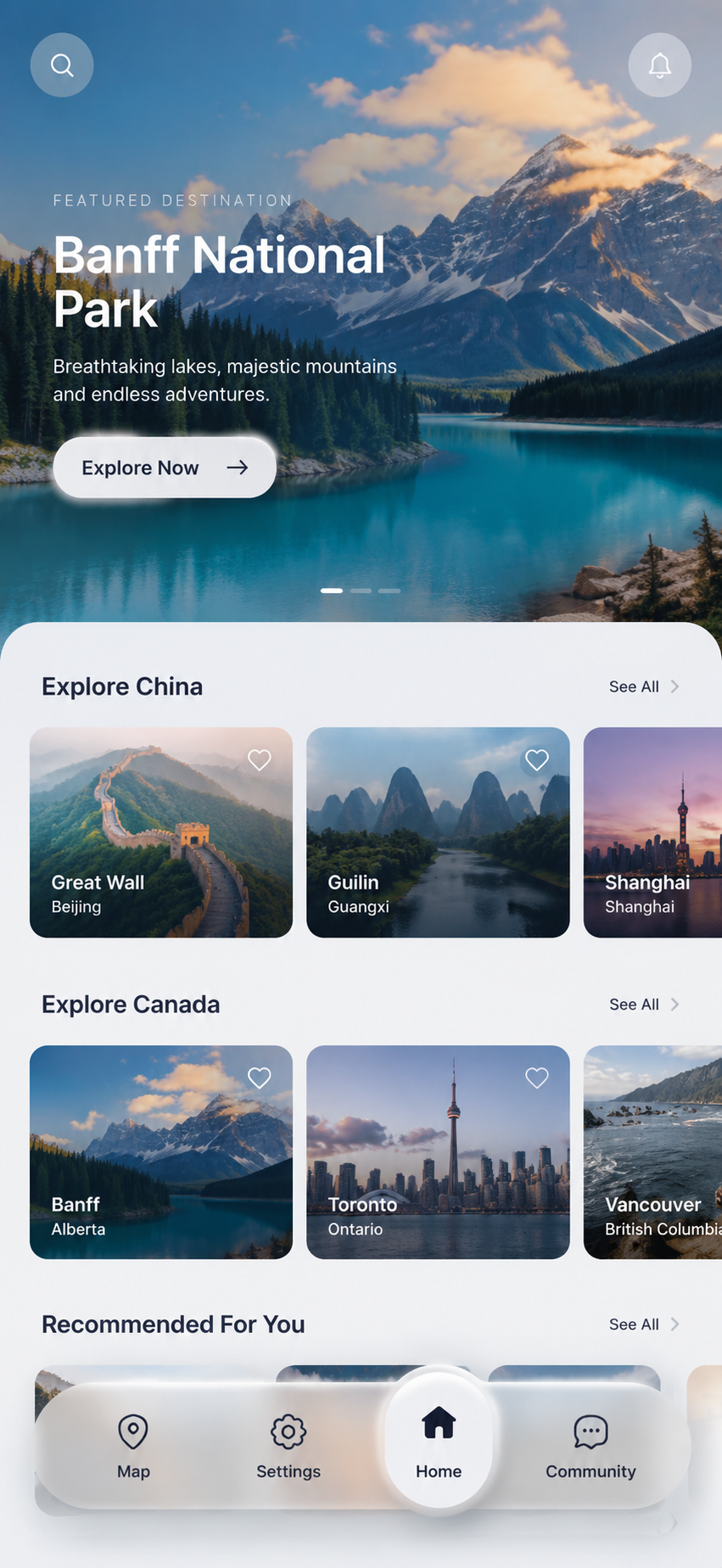 Travel app main screen